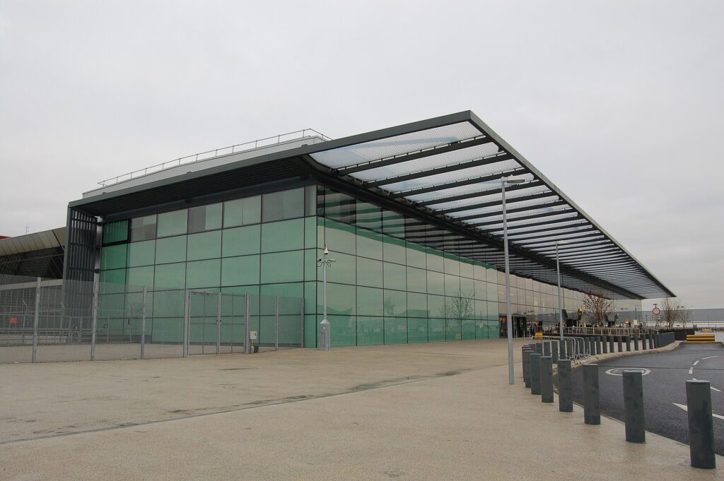 The glass and steel exterior of Heathrow Terminal 4